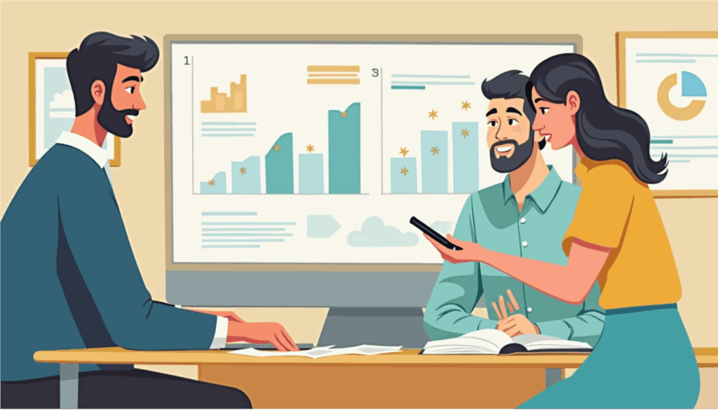 A cartoon image of two men and a woman sitting at an office table working with diagrams in the background.