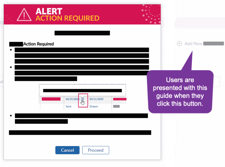 An example of a guide that makes users click the proceed button after being presented information in app.