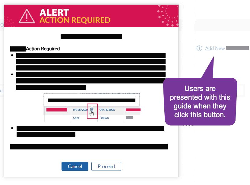 An example of a guide that makes users click the proceed button after being presented information in app.